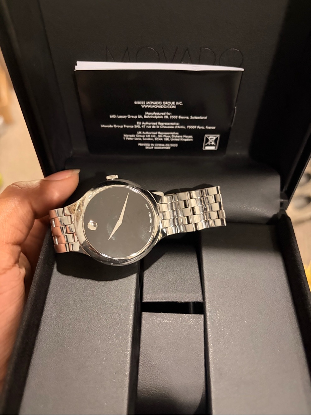 Movado Silver Stainless Steel Watch with Black Dial